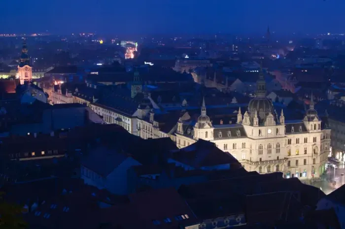 Framed Print : AUSTRIA-STYRIA (Stiermark)- GRAZ: Schlossberg / Evening Town View with Graz Town Hall Framed Print : AUSTRIA-STYRIA (Stiermark)- GRAZ: Schlossberg / Evening Town View with Graz Town Hall