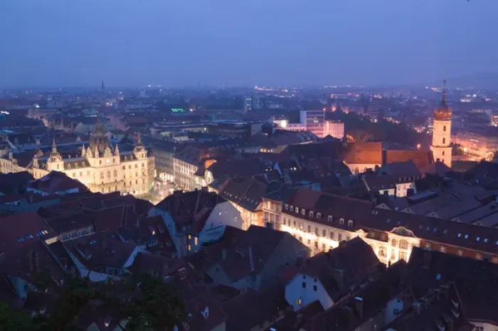 Framed Print : AUSTRIA-STYRIA (Stiermark)- GRAZ: Schlossberg  /  Evening Town View with Graz Town Hall