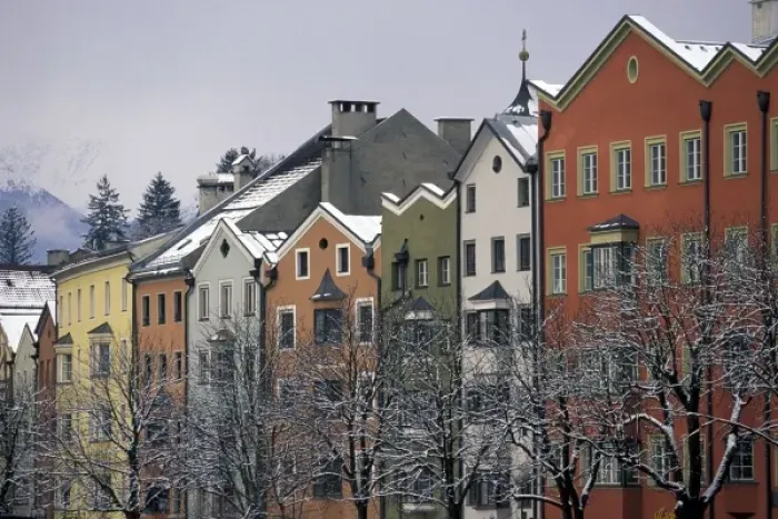 Framed Print : Austria, Tirol, Innsbruck. Colorful buildings along Inn River