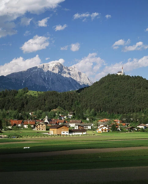 Austria, Tyrol, Motz, View of Motz church with Locherboden mountains