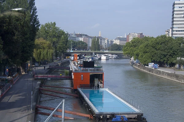 Austria, Vienna. Vienna River, riverboat swimming pool
