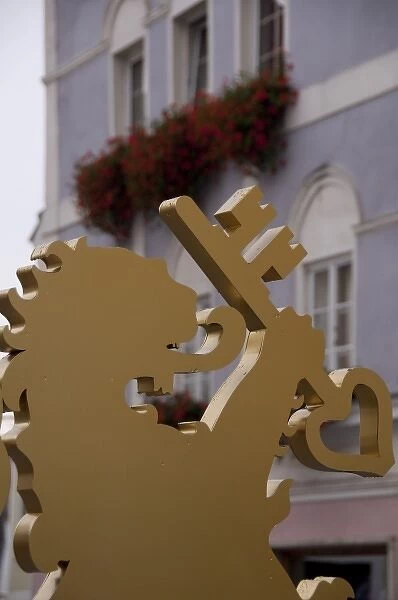 Austria, Wachau Valley, Melk. Historic downtown Melk. Golden lion with key, Melk city symbol