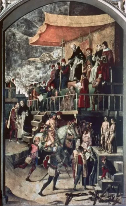 Framed Print : Auto de Fe chaired by St. Dominic de Guzman (1170-1221). Oil on canvas depicted in