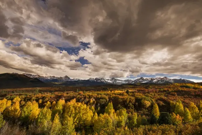 Framed Print : Autumn aspen trees and Sneffels Range, Mount Sneffels Wilderness, Uncompahgre National Forest