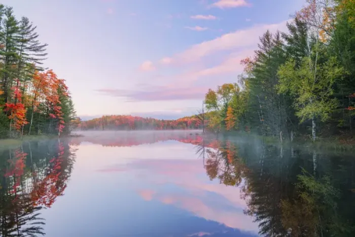 Framed Print : Autumn Colors and mist reflecting on Council Lake at sunrise, Hiawatha National Forest