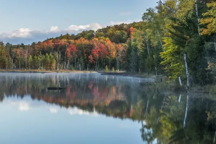 Framed Print : Autumn Colors and mist reflecting on Council Lake at sunrise, Hiawatha National Forest Framed Print : Autumn Colors and mist reflecting on Council Lake at sunrise, Hiawatha National Forest