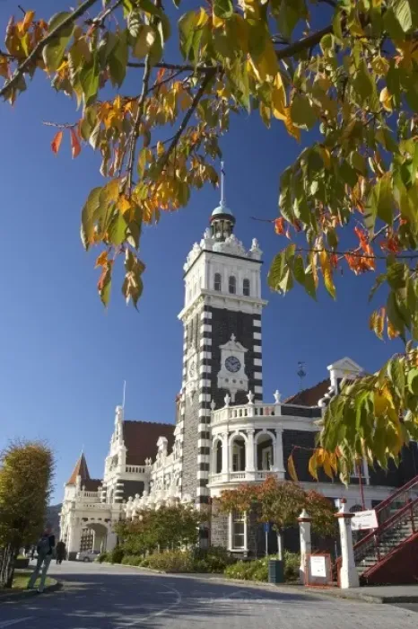 Framed Print : Autumn Colour and Historic Railway Station, Dunedin, Otago, South Island, New Zealand
