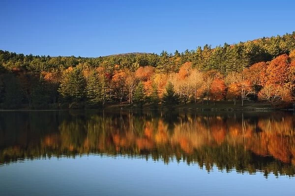 Autumn foliage mirrored on Bass Lake, near Blowing Rock, North Carolina