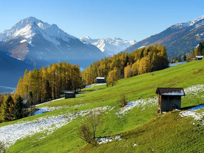 Framed Print : Autumn at the Telfer Wiesen in the valley Stubai, Mount Habicht and the glaciers of Stubai in the background. Austria, Tyrol Framed Print : Autumn at the Telfer Wiesen in the valley Stubai, Mount Habicht and the glaciers of Stubai in the background. Austria, Tyrol