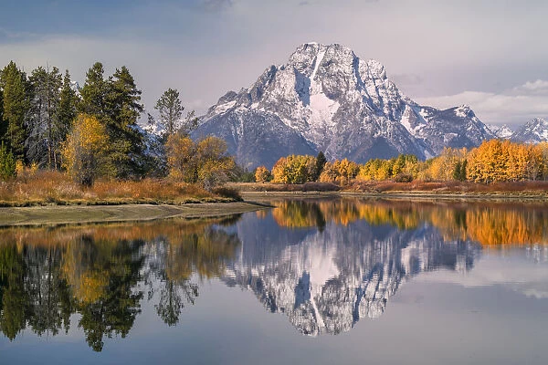 Autumn view of Mt. Moran and reflection, Oxbow Bend, Grand Teton National Park, Wyoming