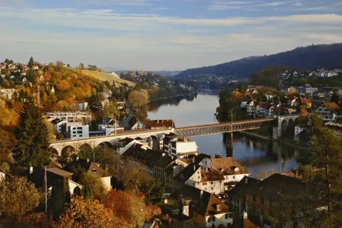 Framed Print : Autumn view of Rhein River from Munot Castle, Schaffhausen, Switzerland Framed Print : Autumn view of Rhein River from Munot Castle, Schaffhausen, Switzerland