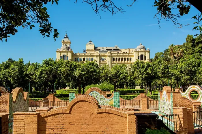 Framed Print : Ayuntamiento de Malaga (Malaga City Hall) and Pedro Luis Alonso Gardens (Jardines de Pedro Luis Alonso), Malaga, Spain