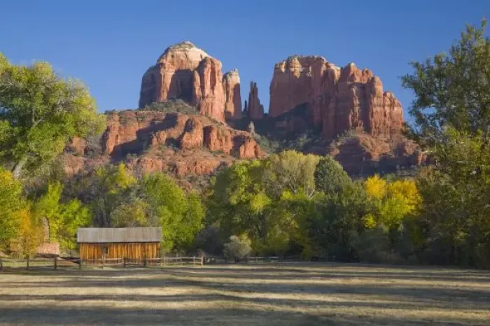 Framed Print : AZ, Arizona, Sedona, Crescent Moon Recreation Area, Red Rock Crossing; Cathedral Rock