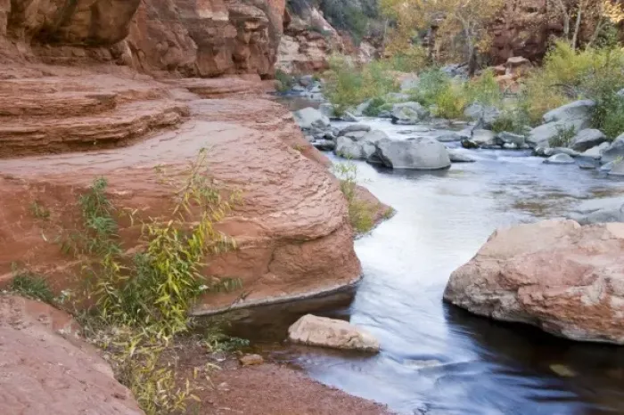 Framed Print : AZ, Arizona, Slide Rock State Park, Oak Creek and sandstone rock