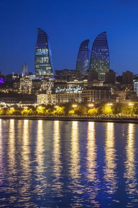 Framed Print : Azerbaijan, Baku. Bulvar Promenade, city skyline with Flame Towers