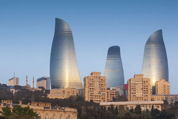 Azerbaijan, Baku. City skyline with Flame Towers from Baku Bay