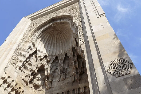 Azerbaijan, Baku. Intricate stonework in an arch at the Palace of the Shirvanshahs