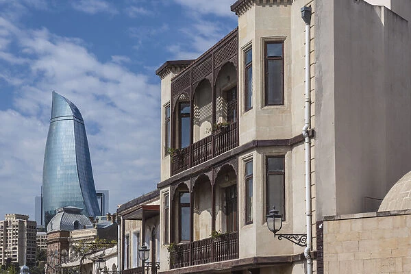 Azerbaijan, Baku. Old City and Flame Towers