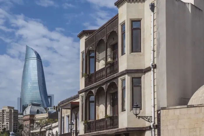 Framed Print : Azerbaijan, Baku. Old City and Flame Towers