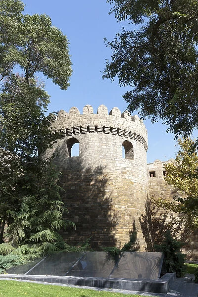 Azerbaijan, Baku. The outer wall of the Palace of the Shirvanshahs, from Philharmony Park
