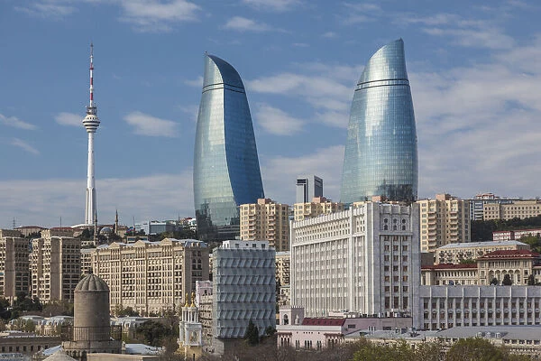 Azerbaijan, Baku. View of Baku Television Tower and Flame Towers