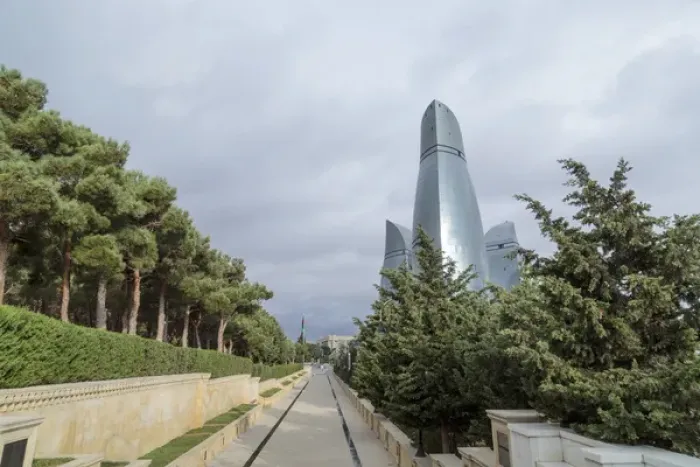 Framed Print : Azerbaijan, Baku. A walkway in Dagustu park, with the Flame Towers in the background Framed Print : Azerbaijan, Baku. A walkway in Dagustu park, with the Flame Towers in the background