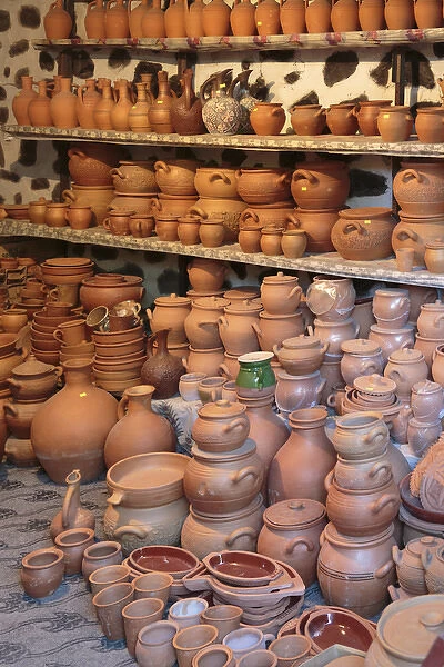 Azerbaijan, Sheki. A collection of ceramic jars and pots