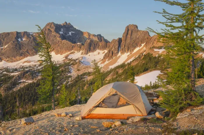 Framed Print : Backpacking tent at daybreak on ridge above Cutthroat Pass, near Pacific Crest trail