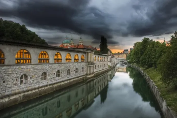 Framed Print : Backside of Market Colonnade and Ljubljanica River at dusk, Ljubljana, Slovenia Framed Print : Backside of Market Colonnade and Ljubljanica River at dusk, Ljubljana, Slovenia