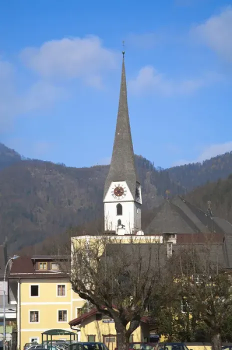 Framed Print : Bad Ischl, Upper Austria, Austria - View of an old world church. Mountains are viewable Framed Print : Bad Ischl, Upper Austria, Austria - View of an old world church. Mountains are viewable