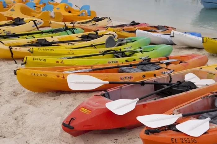 Framed Print : Bahamas, Eleuthera, Princess Cays, kayaks on beach
