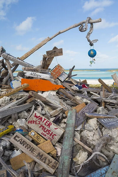 Bahamas, Exuma Island, Cays Land and Sea Park. Driftwood on top of Boo Boo Hill. Credit as
