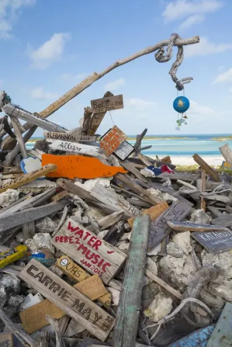 Framed Print : Bahamas, Exuma Island, Cays Land and Sea Park. Driftwood on top of Boo Boo Hill. Credit as