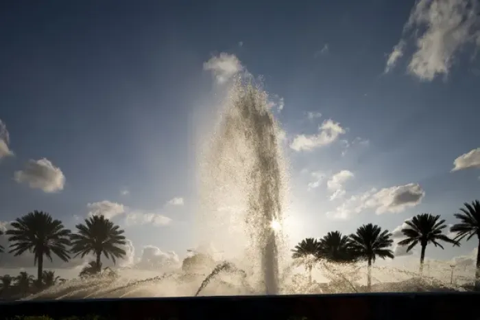 Framed Print : Bahamas, Grand Bahama Island, Freeport, Setting sun silhouettes fountains and palm Framed Print : Bahamas, Grand Bahama Island, Freeport, Setting sun silhouettes fountains and palm