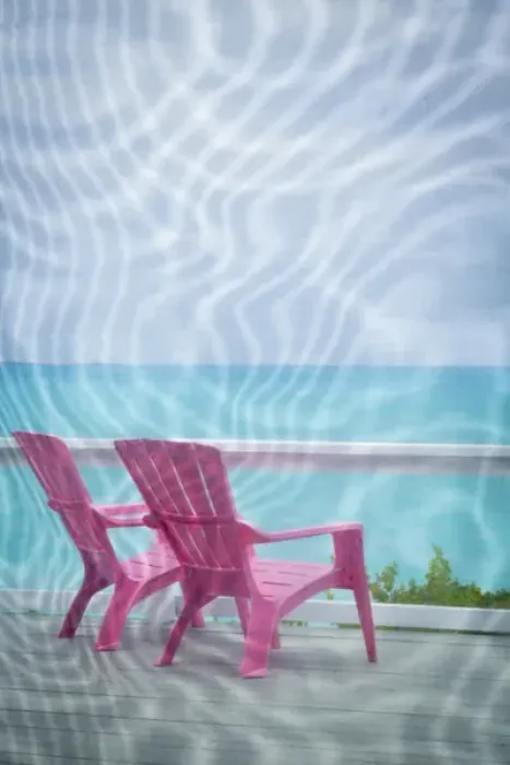 Framed Print : Bahamas, Little Exuma Island. Deck chairs seen through screen door