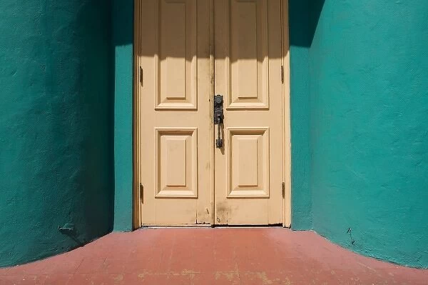 Bahamas, New Providence Island, Nassau, Architectural detail of brightly painted doorway