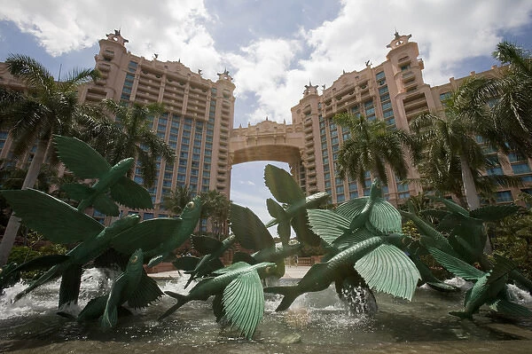 Bahamas, Paradise Island, Nassau, Exerior view of flying fish sculpture at fountain