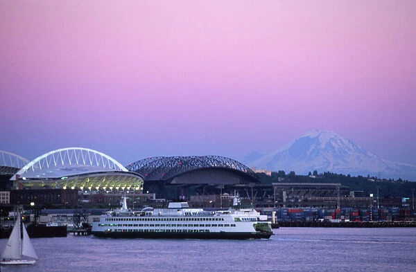 Baibridge Ferry with Qwest and Safeco Fields and Mt. Rainier at Dusk