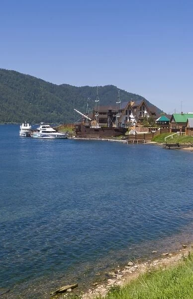 Baikal Legend Hotel with boats at Listvyanka in Lake Baikal near Irkutsk in Siberia
