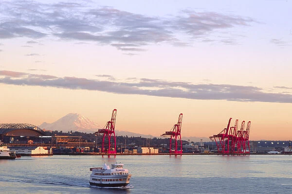 Bainbridge Ferry with Shipping Cranes and Mt. Rainier at Dusk, Seattle, Washington