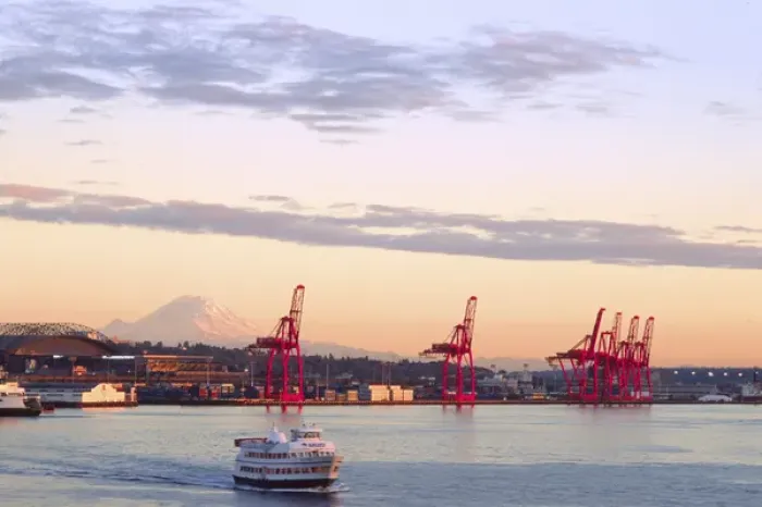 Framed Print : Bainbridge Ferry with Shipping Cranes and Mt. Rainier at Dusk, Seattle, Washington