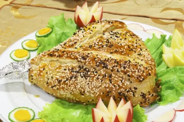 Framed Print : Whole baked in the oven leg of lamb with sesame seed decoration en croute Framed Print : Whole baked in the oven leg of lamb with sesame seed decoration en croute
