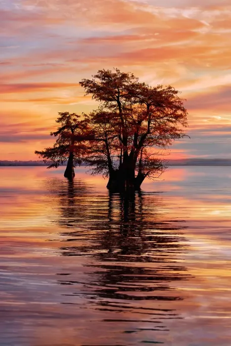 Framed Print : Bald cypress trees silhouetted at sunrise in southern swamp, Caddo Lake, Texas Framed Print : Bald cypress trees silhouetted at sunrise in southern swamp, Caddo Lake, Texas