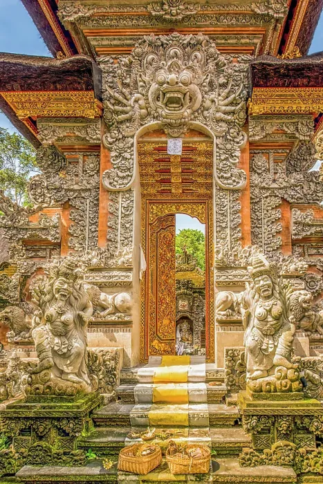Framed Print : Bali, Indonesia. Portrait of carved gates considered to connect the physical world and the spiritual realm