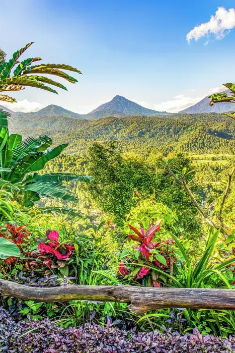 Framed Print : Bali, Indonesia. Vertical landscape view of lush tropical growth with three volcanos in the distance Framed Print : Bali, Indonesia. Vertical landscape view of lush tropical growth with three volcanos in the distance
