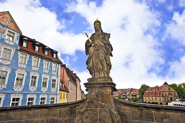 Bamberg, Germany, Bavaria, Queen Kunigunda statue stands over the Regnitz river