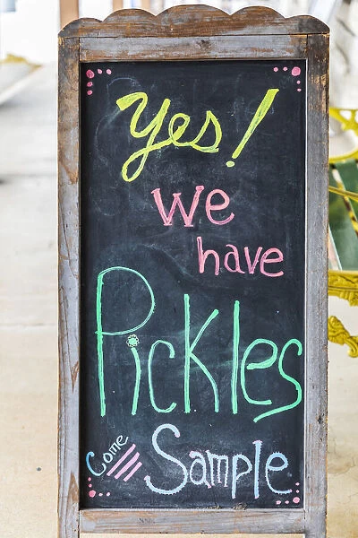 Bandera, Texas, USA. Chalkboard sign for pickles in the Texas Hill Country