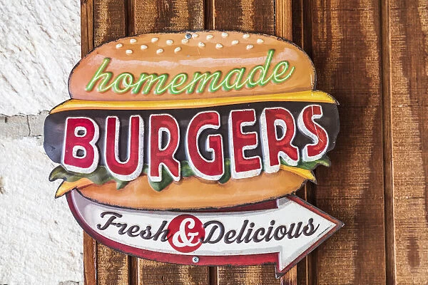 Bandera, Texas, USA. Sign for homemade burgers in the Texas Hill Country