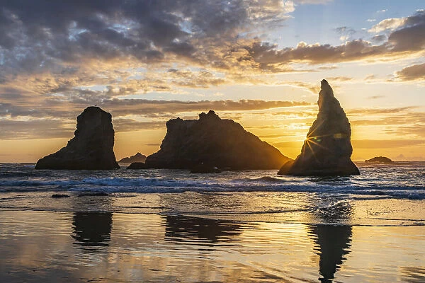 Bandon, Oregon, USA. Sea stacks on the Oregon coast at sunset