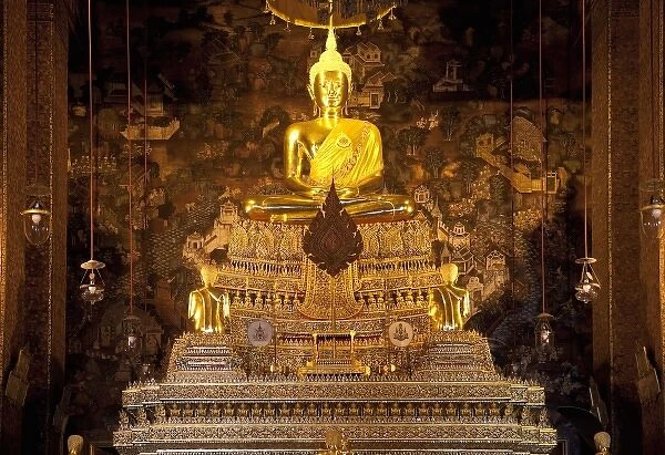 Bangkok, Thailand - Beautiful shrine at Wat Phra Kaeo with a golden Buddha statue